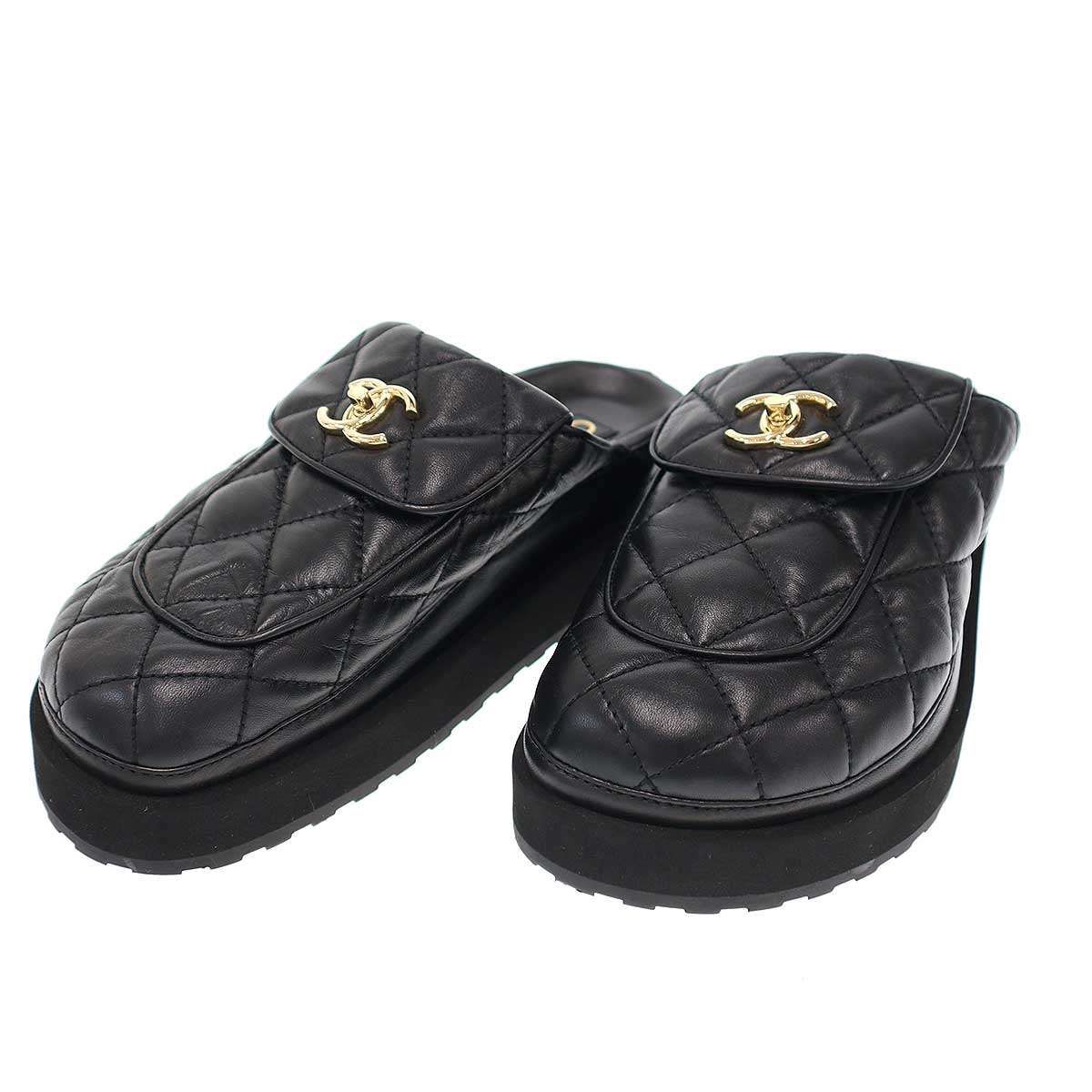 CHANEL シャネル CCターンロック マトラッセ レザーミュール シューズ