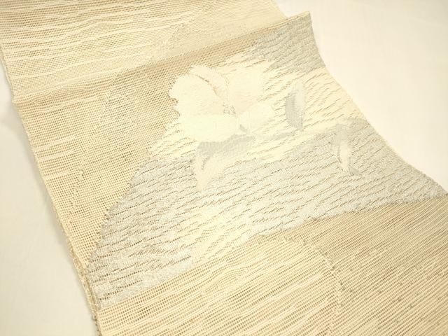 平和屋着物 夏物 西陣 老舗 渡文謹製 手織 八寸名古屋帯 流水花文 銀糸 証紙付き 正絹 cm