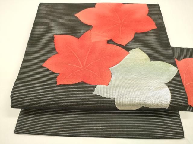 平和屋着物 夏物 九寸名古屋帯 舞葉文 黒地 銀糸 正絹 cm