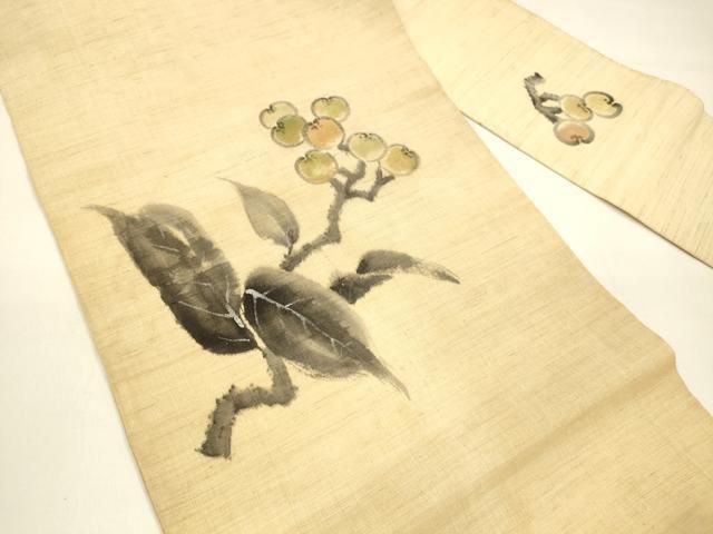 平和屋着物 夏物 九寸名古屋帯 作家物 手描き 紬地 枝花文 銀彩 麻 正絹 cm