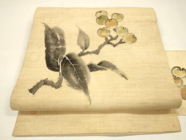 平和屋着物 夏物 九寸名古屋帯 作家物 手描き 紬地 枝花文 銀彩 麻 正絹 cm