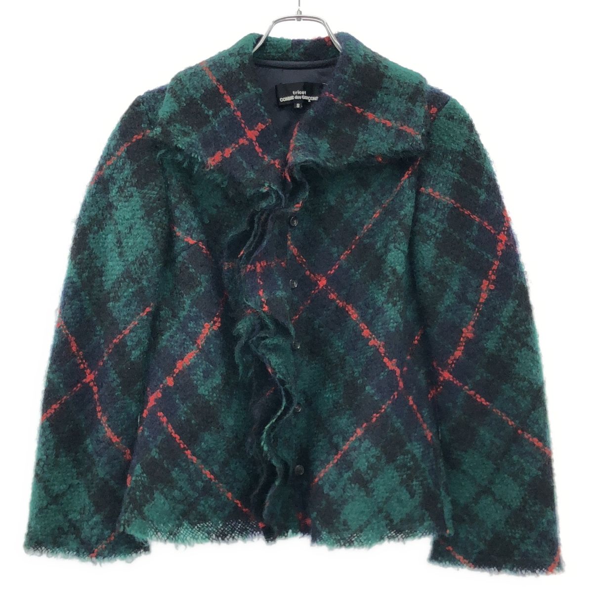tricot COMME des GARCONS トリココムデギャルソン 2002 AW モヘヤナイロンタータンチェックフリルジャケット TG-B 028 グリーン×ネイビー S