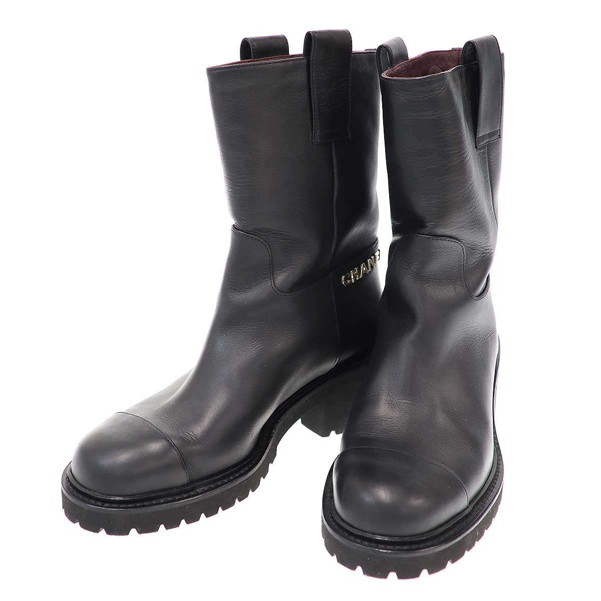 CHANEL シャネル ココマークロゴ レザーエンジニアブーツ G 36749 ブラック 36