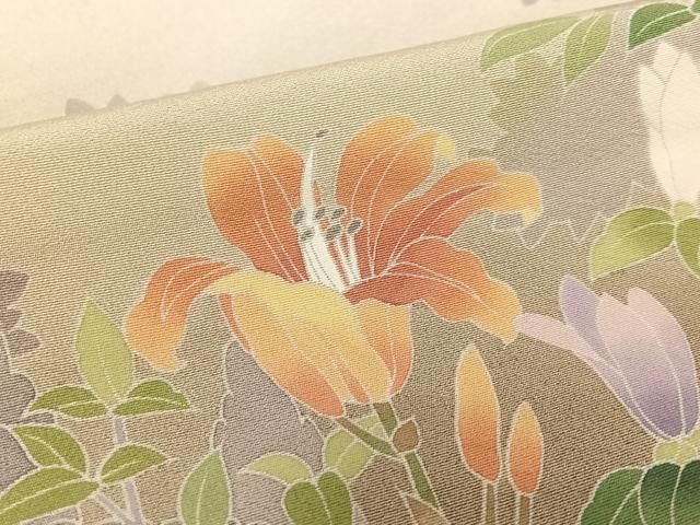 平和屋着物●十日町友禅作家　岡村蒼風　訪問着　風景草花文　正絹　逸品　AABC4968zg 平和屋着物○十日町友禅作家 岡村蒼風 訪問着 風景草花文 正絹