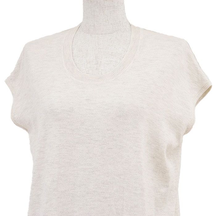 HERMES エルメス ワンピース ツイルレーヌ ロゴ プリント シルク ハイゲージ ニット カシミヤ × コットン 切り替え コンビネーション フレンチスリーブ プルオーバー クルーネック 丸首 ドレス レディース 34 アイボリー フランス製