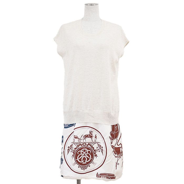 HERMES エルメス ワンピース ツイルレーヌ ロゴ プリント シルク ハイゲージ ニット カシミヤ × コットン 切り替え コンビネーション フレンチスリーブ プルオーバー クルーネック 丸首 ドレス レディース 34 アイボリー フランス製