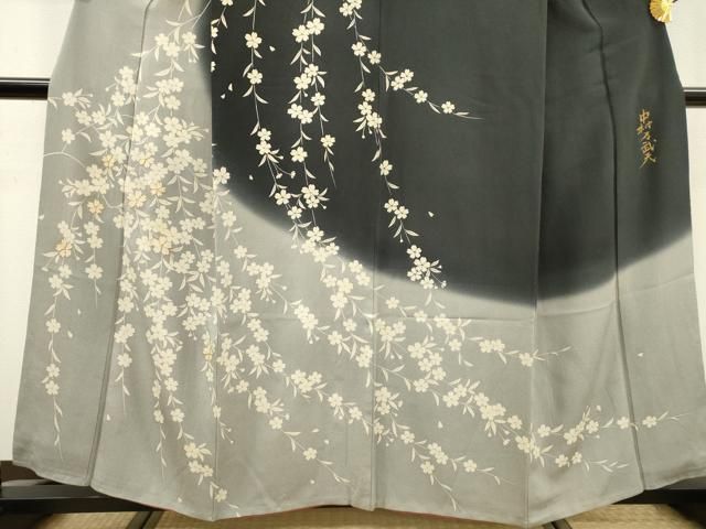平和屋着物●皇室デザイナー　中村乃武夫　訪問着　駒刺繍　枝垂れ桜　暈し染　正絹　逸品　DAAX9800fe 平和屋着物○皇室デザイナー 中村乃武夫 訪問着 駒刺繍 枝垂れ桜 暈し