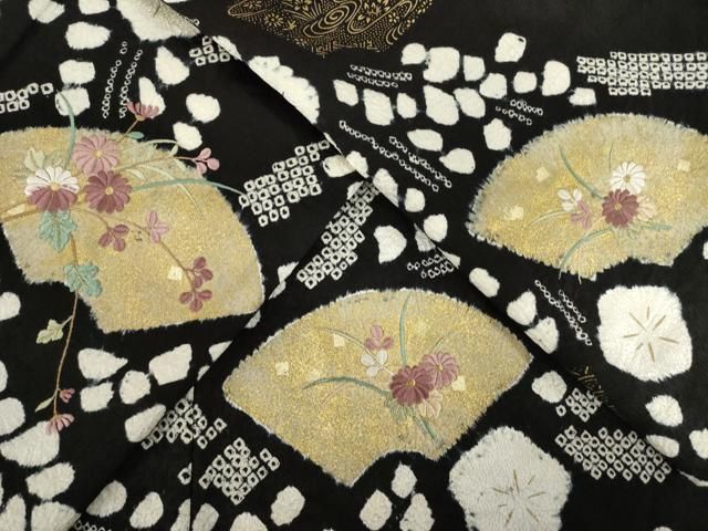 平和屋着物○訪問着 絞り 刺繍 扇面花文 黒地 金彩 正絹 逸品 AABD0902ck