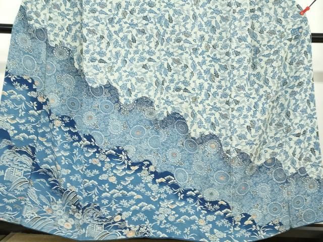 平和屋着物●訪問着　藍　型染め　道長草花文　鬼しぼ縮緬　正絹　逸品　DAAY5788ud 平和屋着物○訪問着 藍 型染め 道長草花文 鬼しぼ縮緬 正絹