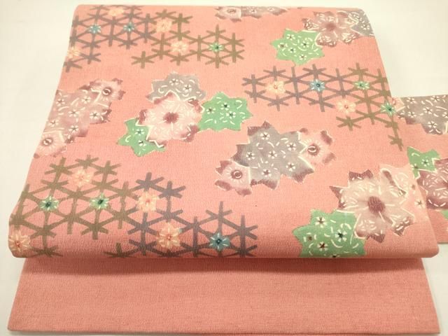 平和屋着物 九寸名古屋帯 型染 草花文 正絹 op