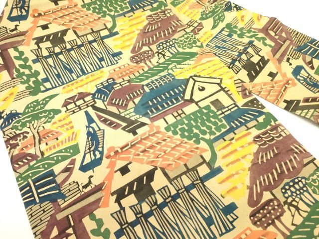 平和屋着物 塩瀬 九寸名古屋帯 型染 風景文 正絹 op