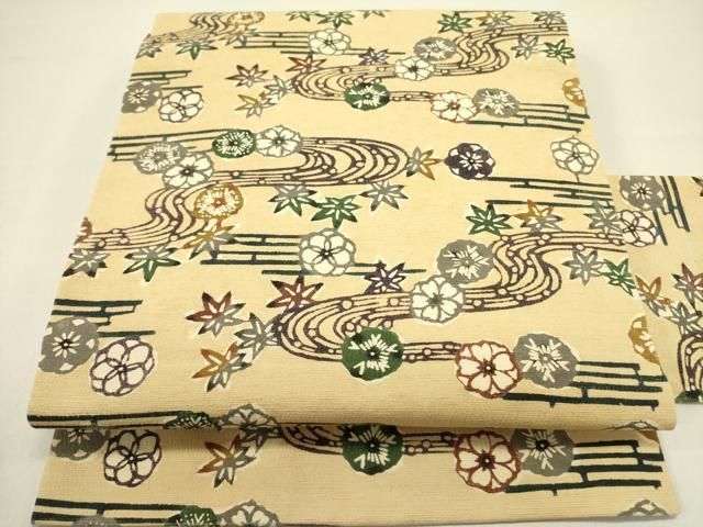 平和屋着物 九寸名古屋帯 紬地 型染 流水花文 正絹 op