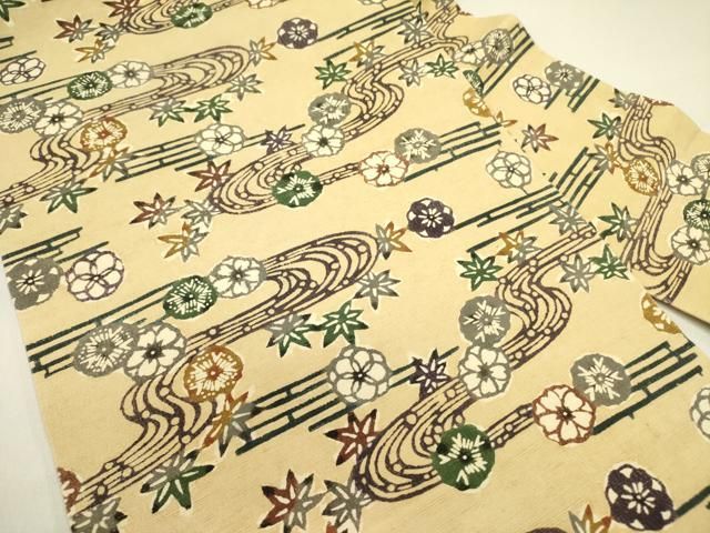 平和屋着物 九寸名古屋帯 紬地 型染 流水花文 正絹 op