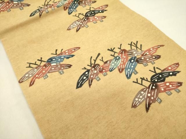 平和屋着物 九寸開き名古屋帯 紬地 型染 笹 正絹 op