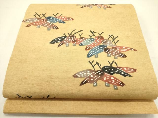 平和屋着物 九寸開き名古屋帯 紬地 型染 笹 正絹 op