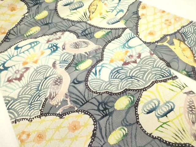 平和屋着物 九寸名古屋帯 型染 花鳥文 鬼しぼ縮緬 正絹 op