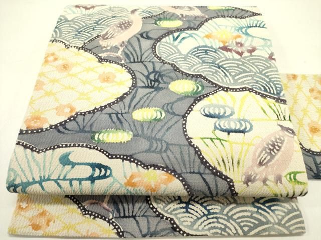 平和屋着物 九寸名古屋帯 型染 花鳥文 鬼しぼ縮緬 正絹 op