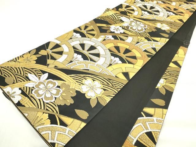 平和屋着物▽六通柄袋帯 片輪車花文 黒地 金銀糸 正絹 逸品 DAAX3728az