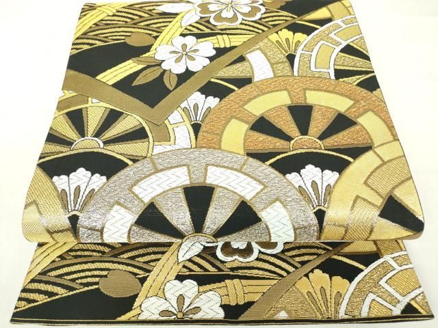 平和屋着物▽六通柄袋帯 片輪車花文 黒地 金銀糸 正絹 逸品 DAAX3728az