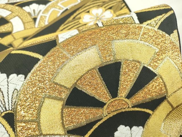 平和屋着物●六通柄袋帯　幾何学文様　黒地　金銀糸　正絹　逸品　CAAY9742hy 平和屋着物▽六通柄袋帯 片輪車花文 黒地 金銀糸 正絹 逸品 DAAX3728az