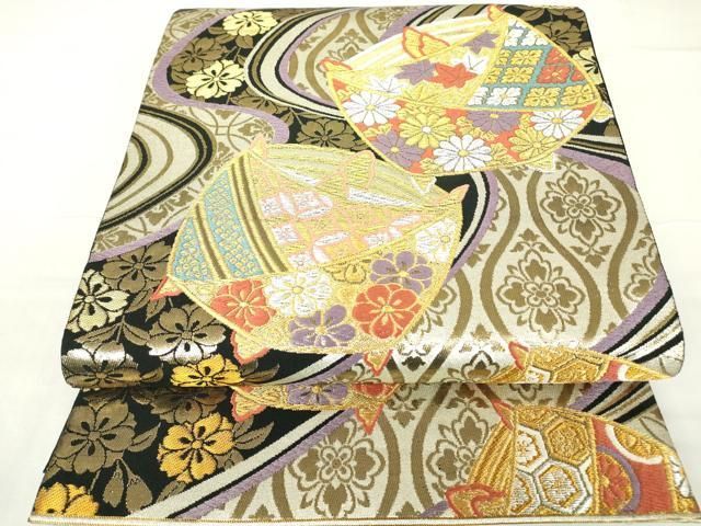 平和屋着物▽六通柄袋帯 糸巻花文 黒地 金銀糸 正絹 逸品 DAAX3729az