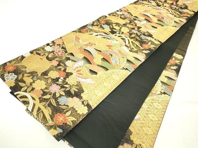 平和屋着物▽六通柄袋帯 鳳凰糸巻花蝶文 黒地 金糸 正絹 逸品