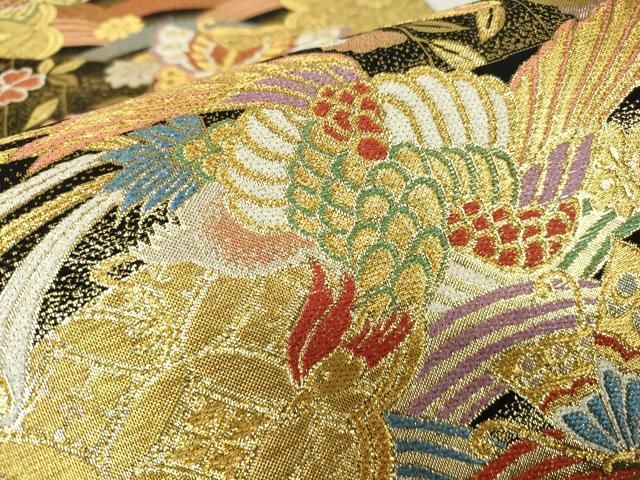平和屋着物▽六通柄袋帯 鳳凰糸巻花蝶文 黒地 金糸 正絹 逸品