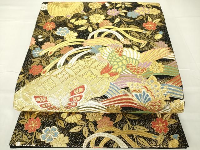 平和屋着物▽六通柄袋帯 鳳凰糸巻花蝶文 黒地 金糸 正絹 逸品
