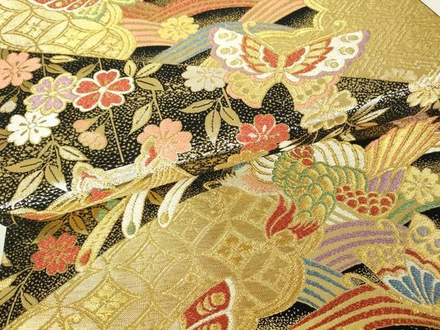 平和屋着物▽六通柄袋帯 鳳凰糸巻花蝶文 黒地 金糸 正絹 逸品