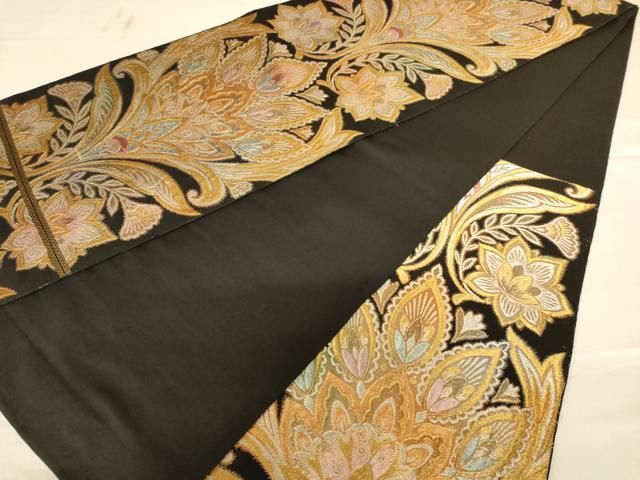 平和屋着物◎六通柄袋帯 更紗花文 黒地 金銀糸 正絹 逸品 AABC3067dt