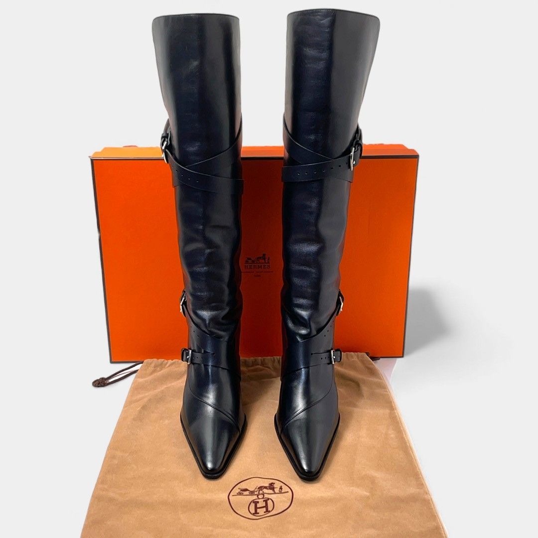 エルメス ロングブーツ ブラック ベルト ポインテッドトゥ