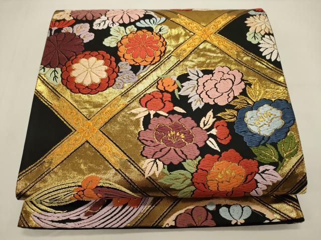 平和屋着物◎六通柄袋帯 唐織 蜀江草花丸文 黒地 金糸 正絹 逸品