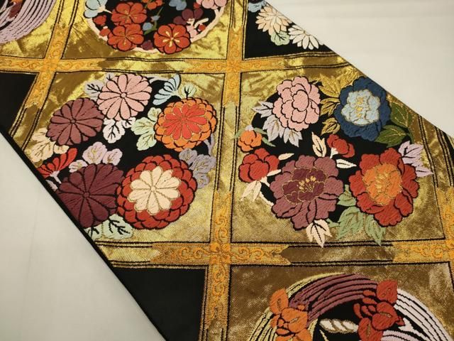 平和屋着物◎六通柄袋帯 唐織 蜀江草花丸文 黒地 金糸 正絹 逸品