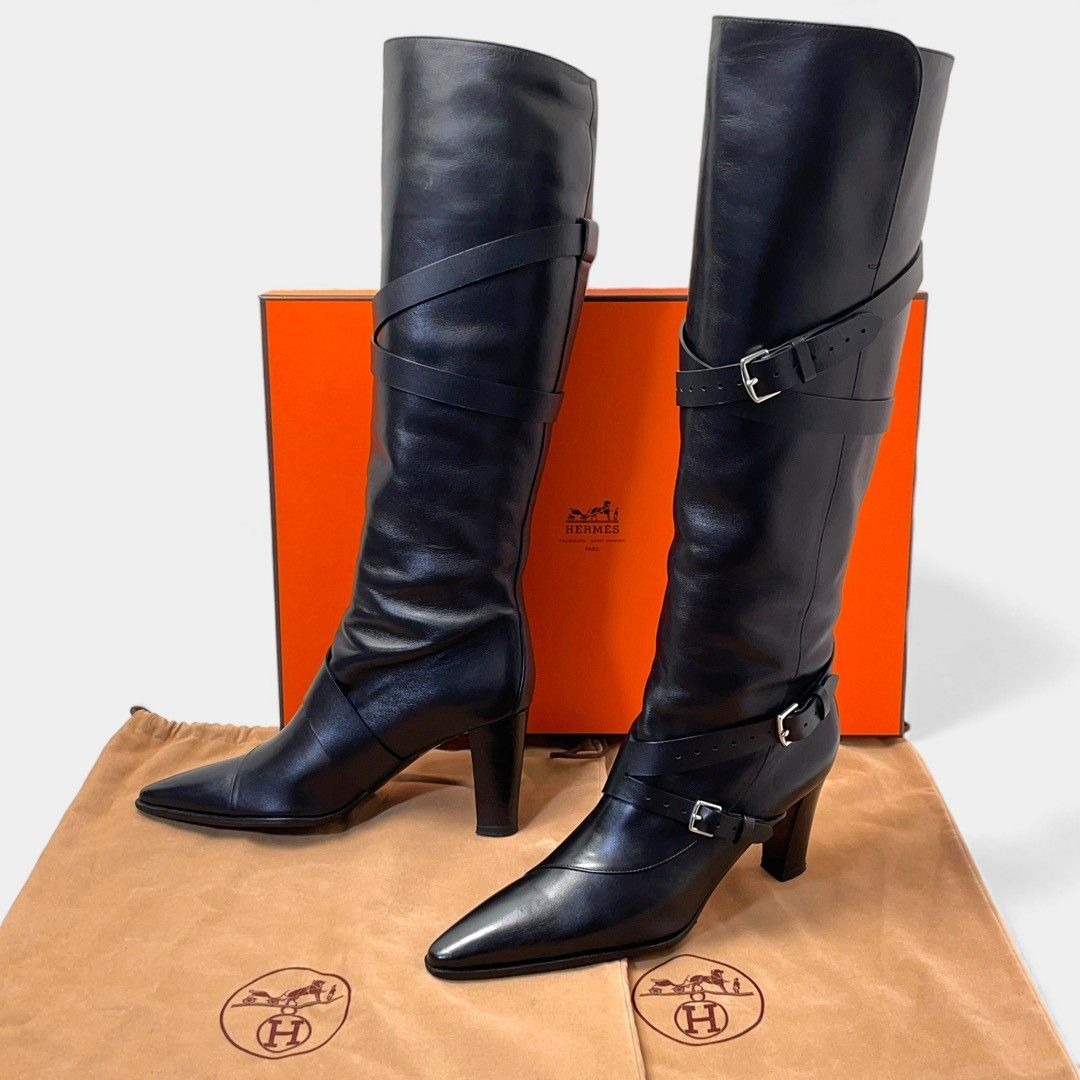 エルメス ロングブーツ ブラック ベルト ポインテッドトゥ