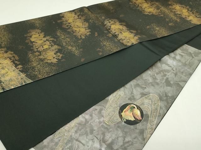 平和屋着物◎太鼓柄袋帯 流水松葉花鳥文 黒地 金糸 正絹 逸品