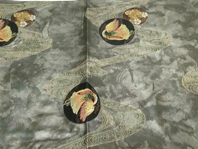 平和屋着物◎太鼓柄袋帯 流水松葉花鳥文 黒地 金糸 正絹 逸品