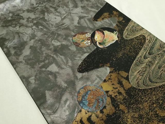 平和屋着物◎太鼓柄袋帯 流水松葉花鳥文 黒地 金糸 正絹 逸品