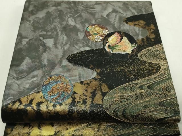 平和屋着物◎太鼓柄袋帯 流水松葉花鳥文 黒地 金糸 正絹 逸品