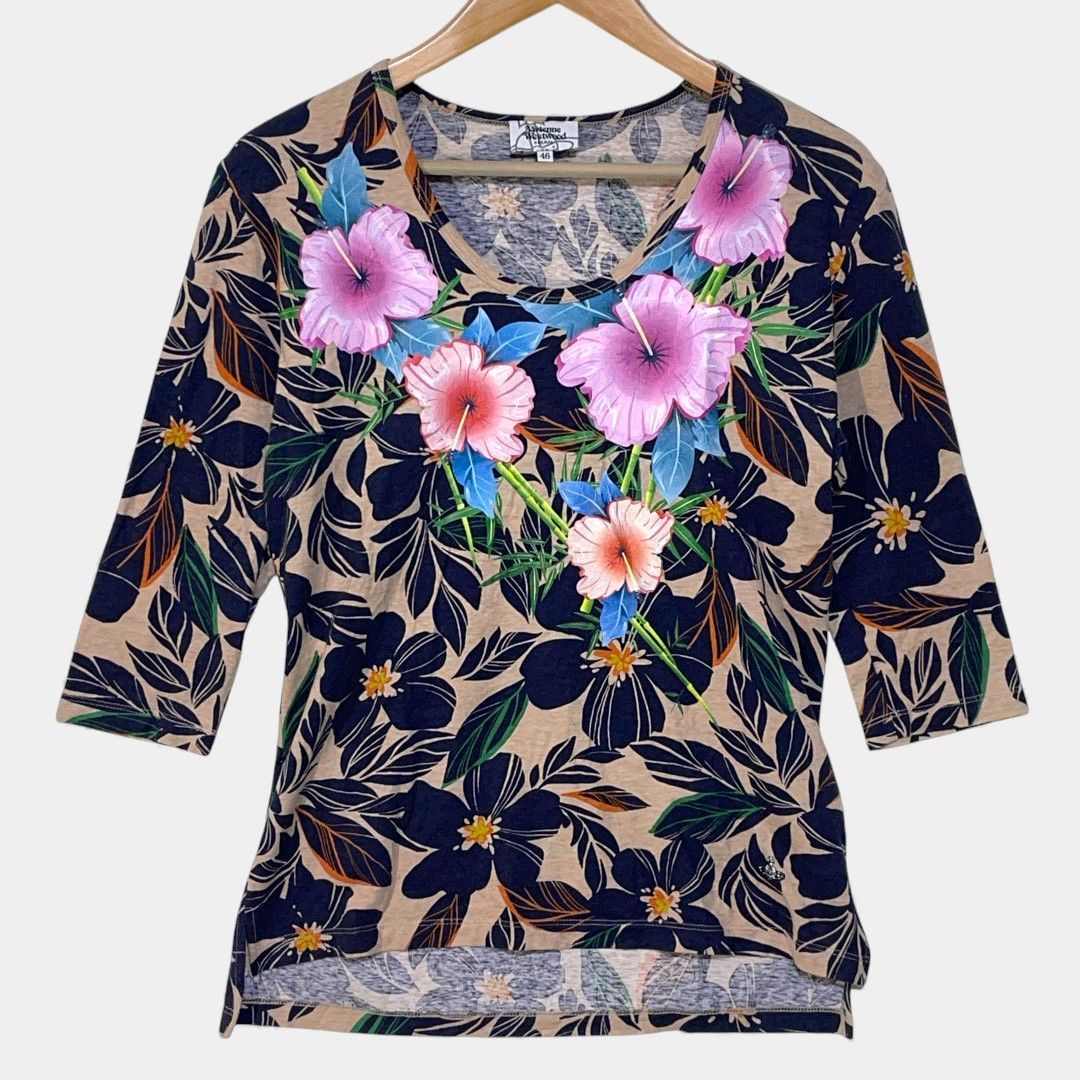 ヴィヴィアンウエストウッドマン ベージュ 花柄 ハイビスカス オーブ リネン混 7部袖Tシャツ