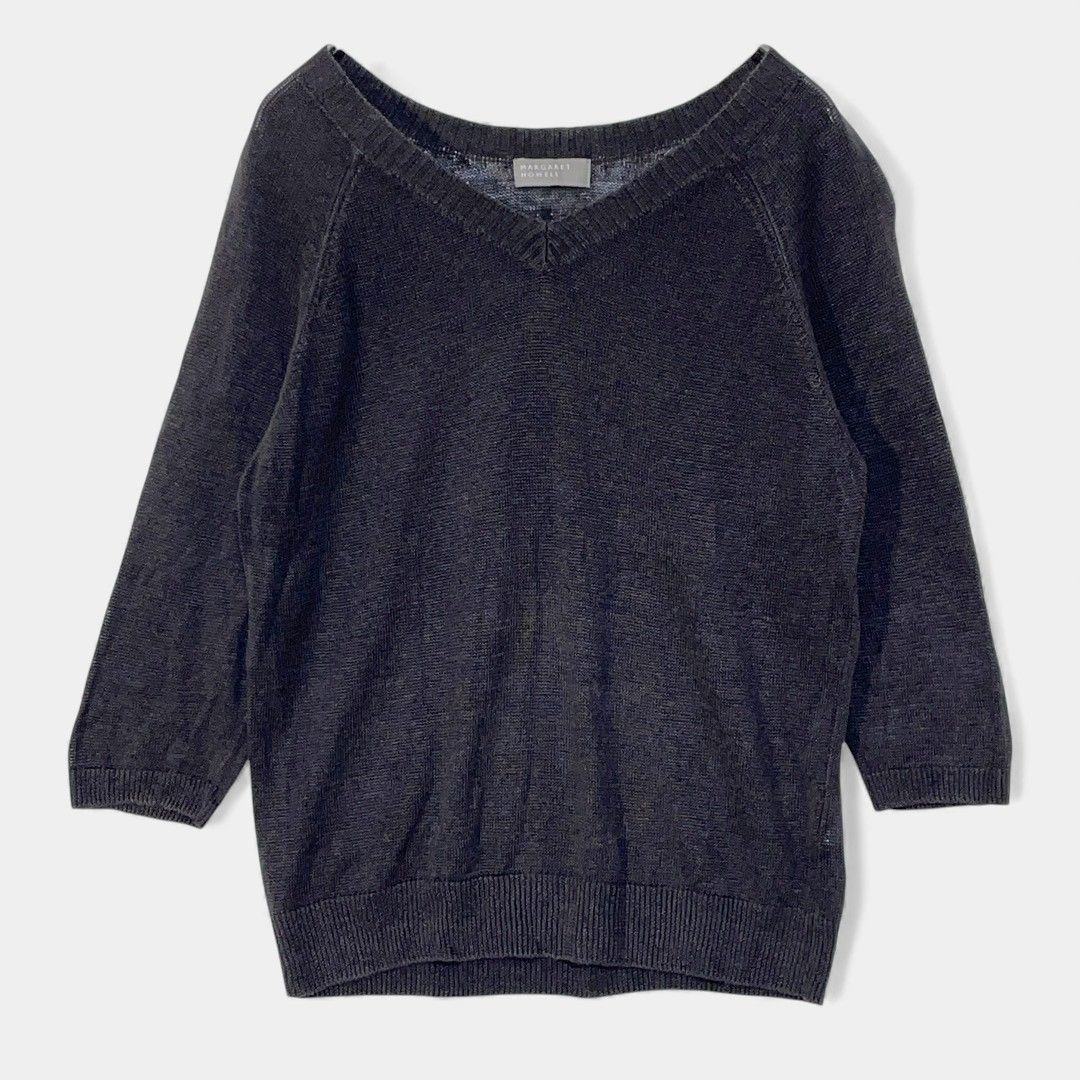 マーガレットハウエル ブラウン 麻 7部袖ニット Vネック