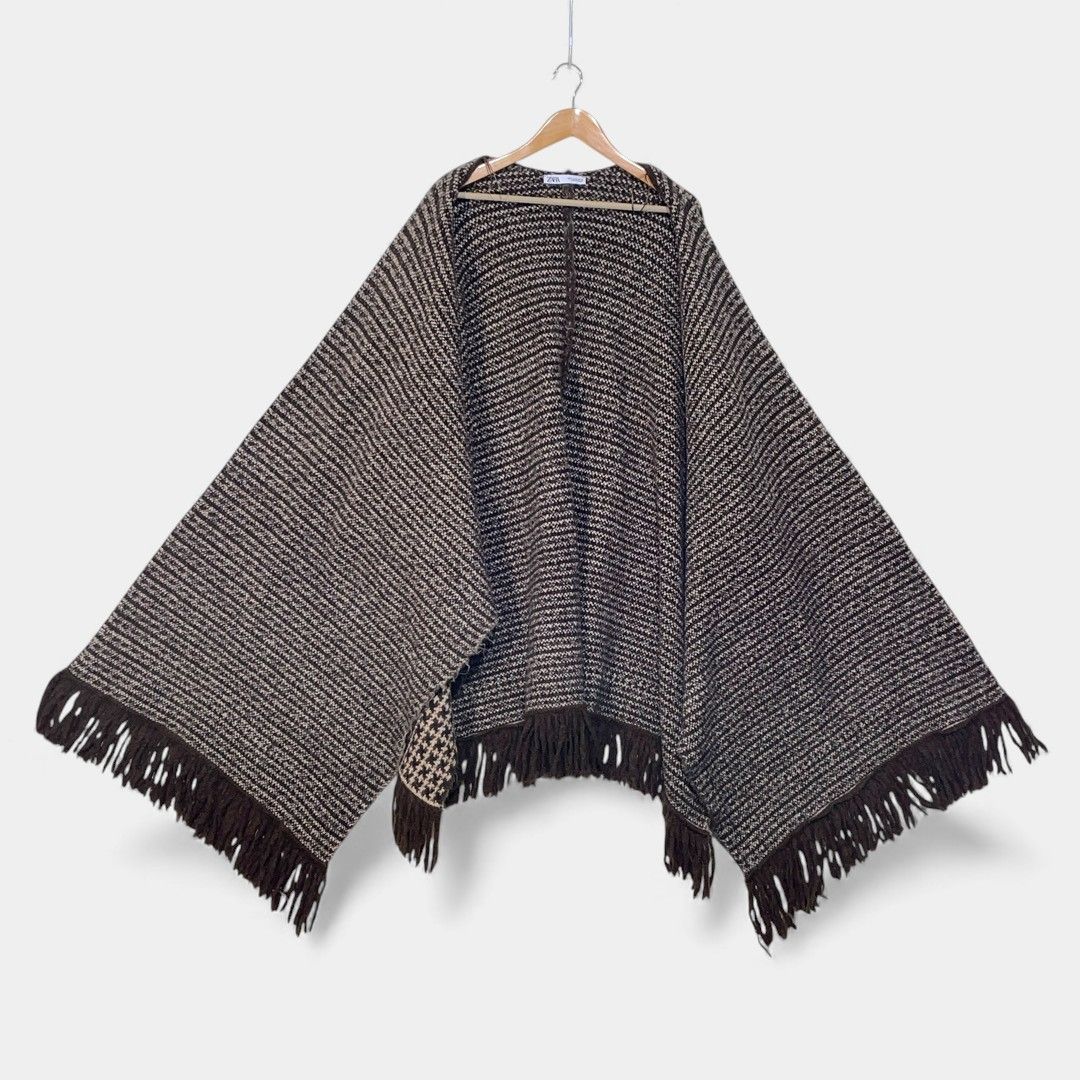 特別な日 ザラ 千鳥 チェック ブラウン ジャカード フリンジ ニット ケープ