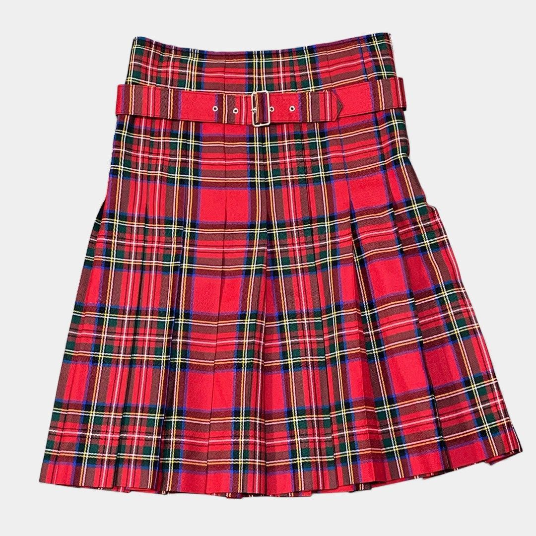 ブラックコムデギャルソン レッド ベルト ウール チェック スカート 切りっぱなし