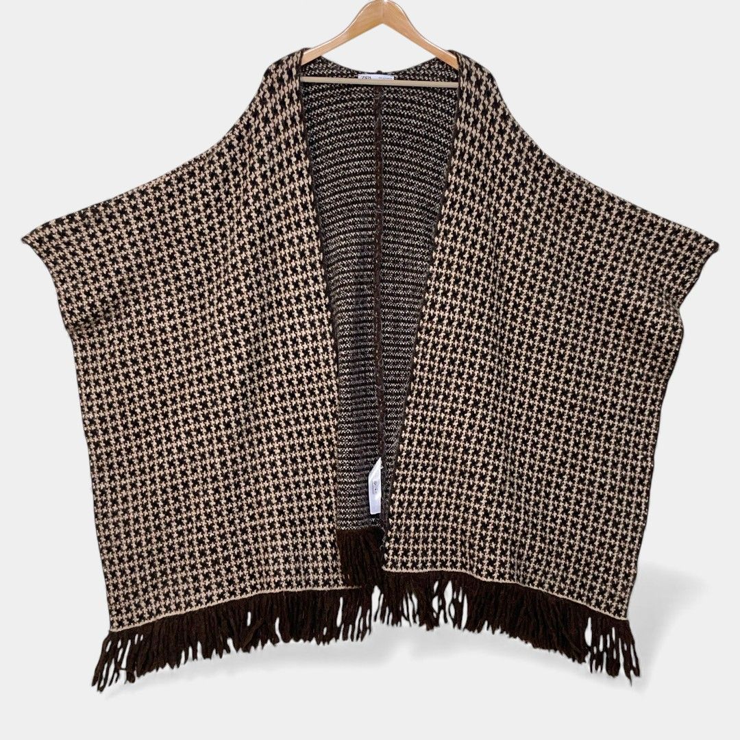 ザラ 千鳥 チェック ブラウン ジャカード フリンジ ニット ケープ