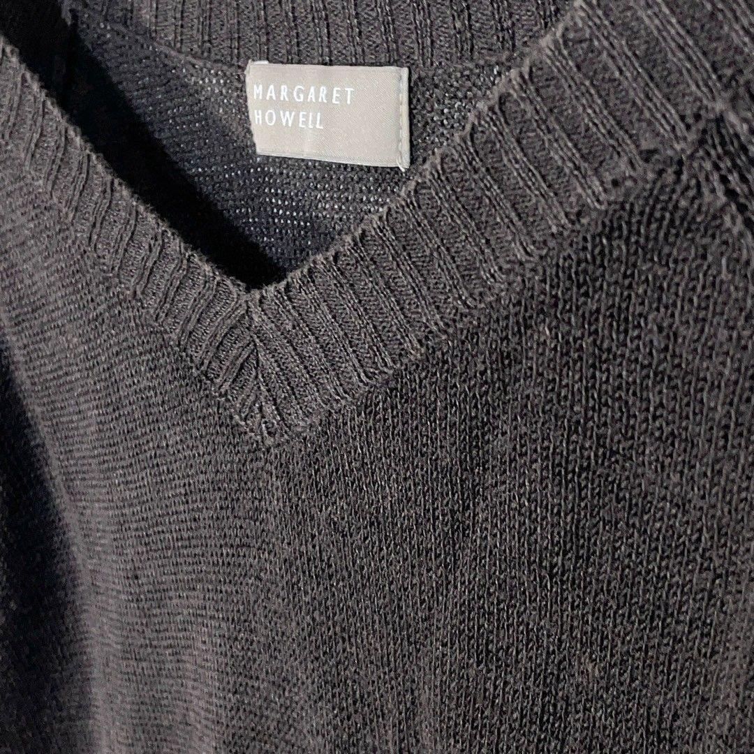 マーガレットハウエル ブラウン 麻 7部袖ニット Vネック