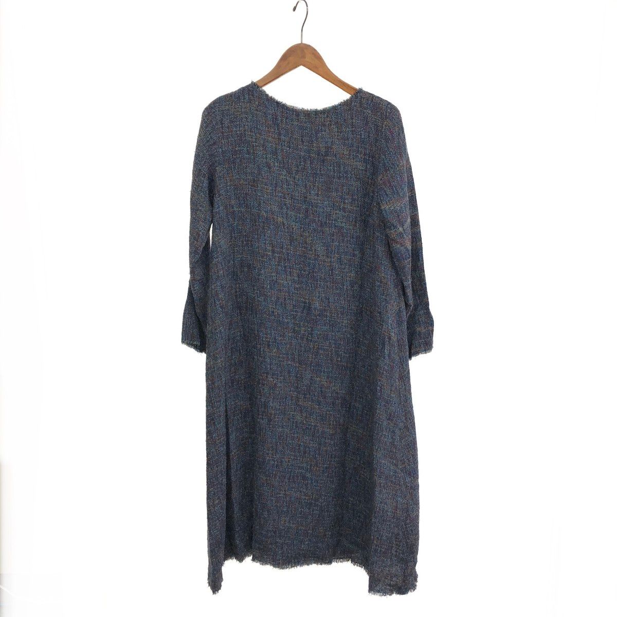 JURGEN LEHL ヨーガンレール ロングワンピース ツイード フリンジ 長袖 シルクウール ネイビー レディース