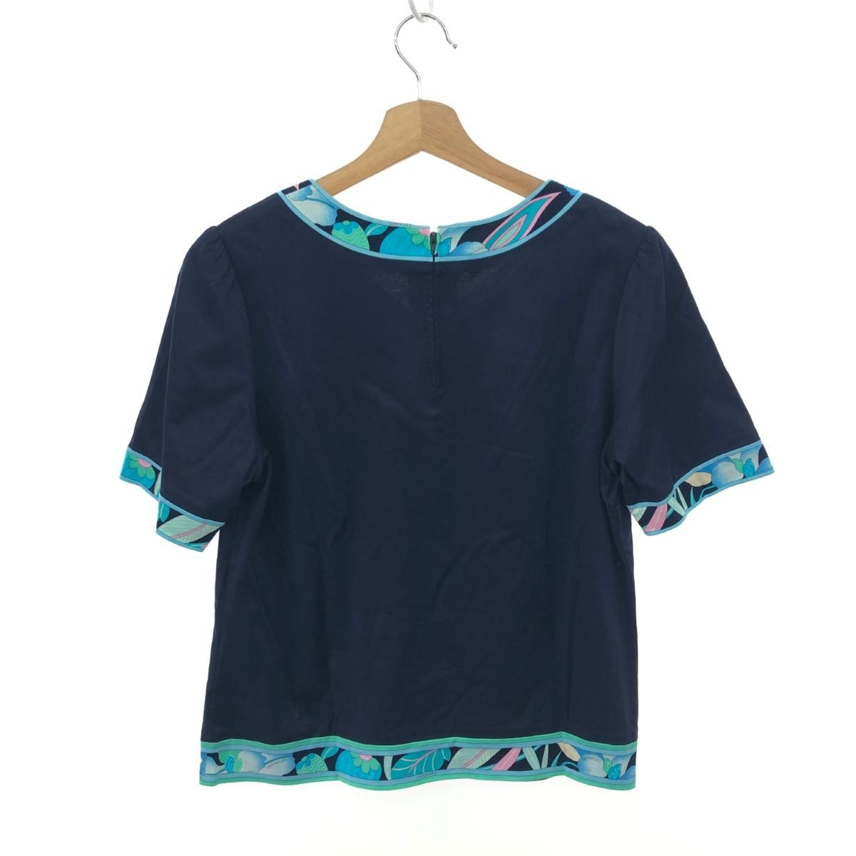 LEONARD レオナール 半袖ブラウス 大きいサイズ LL 花柄 カットソー Vネック コットン100% ネイビー レディース 243001002549