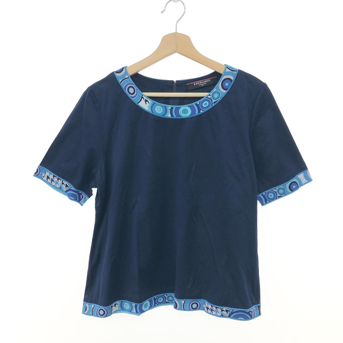 LEONARD レオナール 半袖ブラウス 大きいサイズ LL カットソー コットン100％ ネイビー レディース