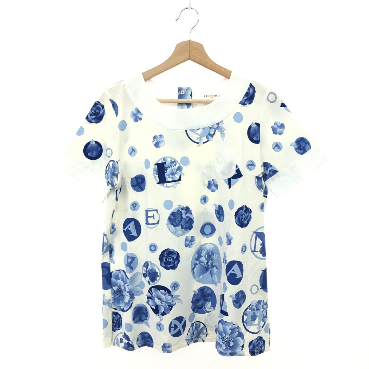 LEONARD SPORT レオナールスポーツ 半袖ブラウス 大きいサイズ 42 花柄 コットン混 ホワイト ブルー レディース 243001002573