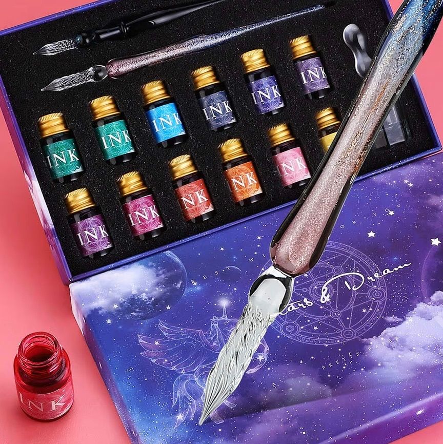 Mancola ペン2*本体 インクガラスディップペンインクセットレインボー