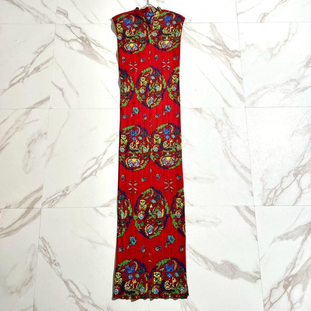 PLEATS PLEASE プリーツプリーズ 1998SS 1998年春夏 名作 アーカイブ archive ドラゴン シーサー ロングワンピース ドレス 総柄 中国POP レッド 4サイズ XL相当 レディース ビンテージ ヴィンテージ